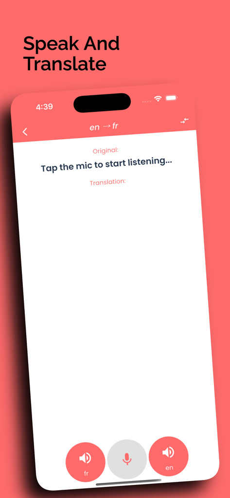 French Translator Offline - 음성 입력 및 발음을 위한 말하기 및 번역 기능이 표시된 프랑스어 번역기 오프라인 앱 인터페이스