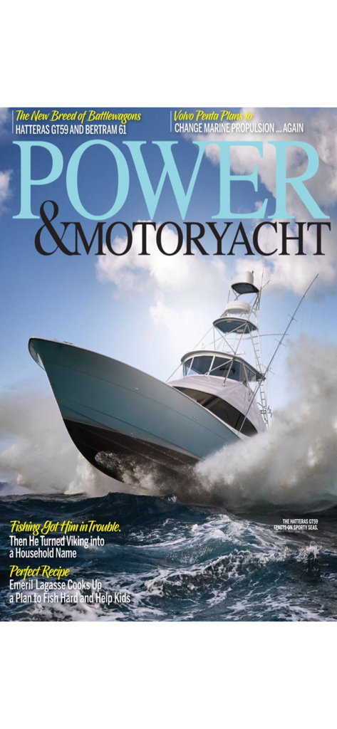 Capa da revista Power and Motoryacht com um grande iate navegando pelas ondas do oceano