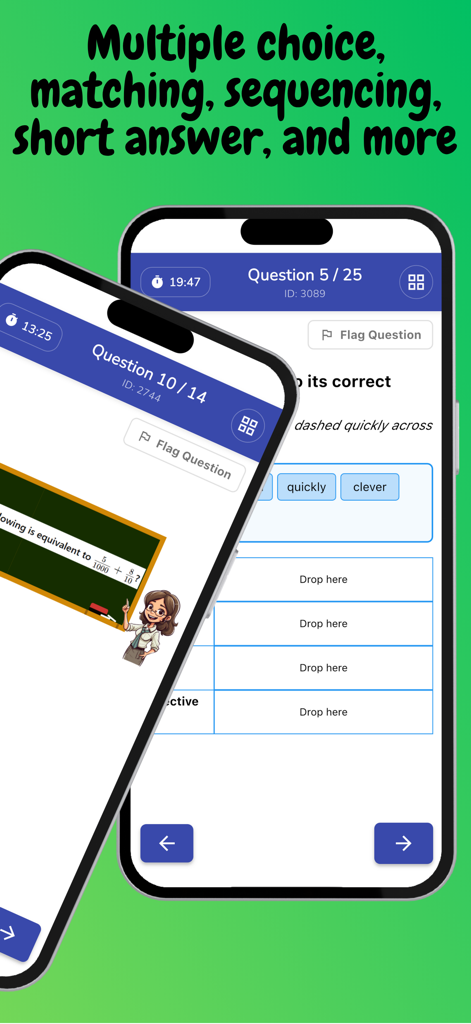 NAPLAN 7 Online Test - A demonstration of different question types in the NAPLAN 7 Online Test app including numeracy and language conventions on mobile screens.