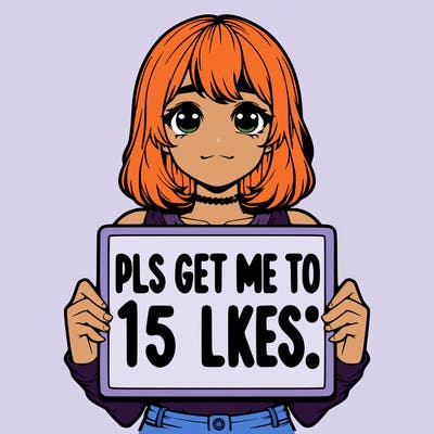 realistic girl holding up a sign that says “pls get me to 15 likes!”