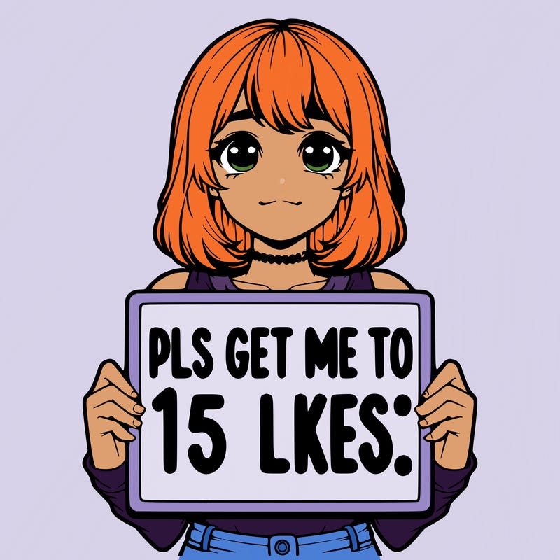 realistic girl holding up a sign that says “pls get me to 15 likes!”