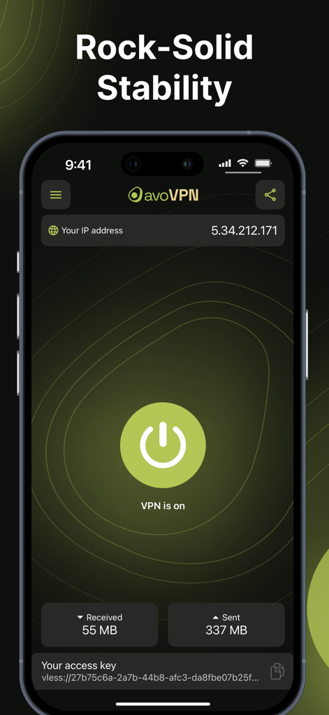 avoVPN iOS-Oberfläche, die eine aktive VPN-Verbindung mit Datennutzung und VLESS-Protokollschlüssel anzeigt.