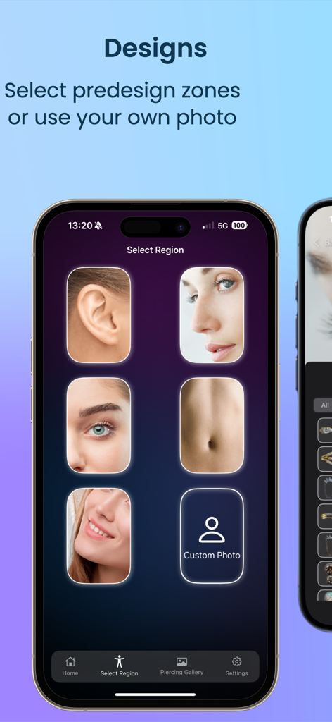 App screen showing options to select different body parts like the ear, nose, or navel for virtual piercing simulation.