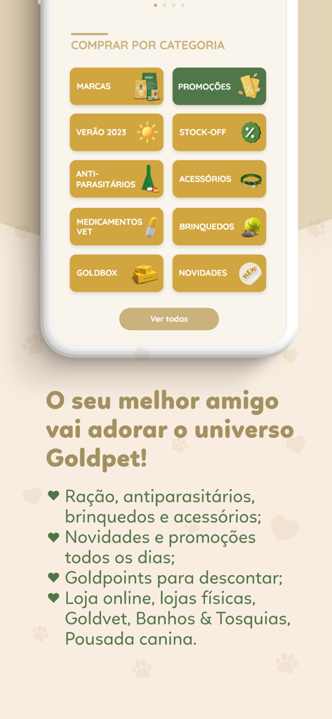 Goldpet - Goldpet mobile app interface showing various pet product categories and services like food, toys, and veterinary consultations