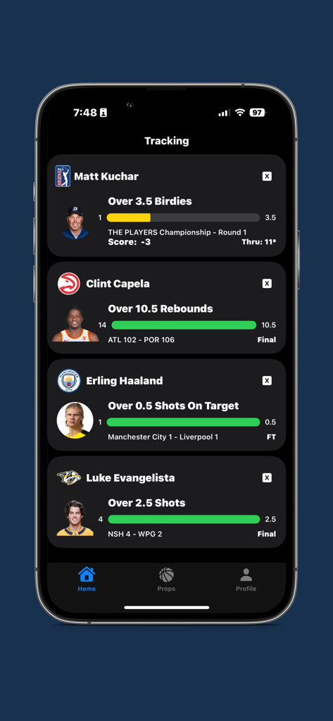 Prop Trackr - Player Props - Mobile app interface displaying real time tracking of player prop statistics for various sports