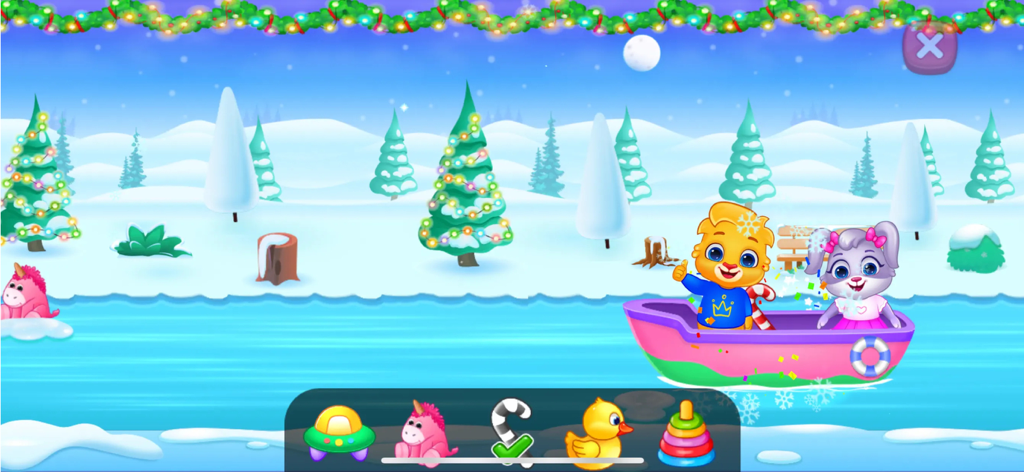 Baby Games: Piano, Baby Phone - Toddler game winter level featuring cartoon characters in a colorful boat on a frozen river