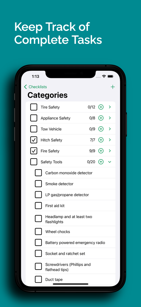 RV Checklist App - An iPhone screen displaying the RV Checklist App with various safety categories like Tire Safety and a detailed list of safety tool tasks.