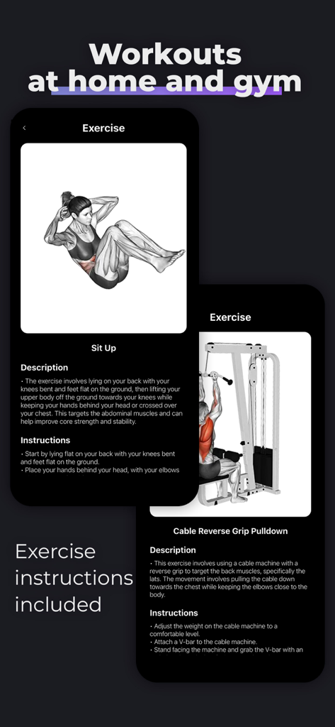 F/AI: AI Gym & Fitness Trainer - Dos pantallas de teléfono que muestran instrucciones detalladas de ejercicios y animaciones 3D para abdominales y poleas en la aplicación F AI