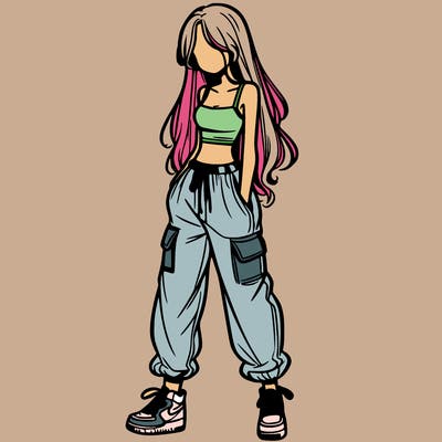 girl in baggy pants crop top and long hair