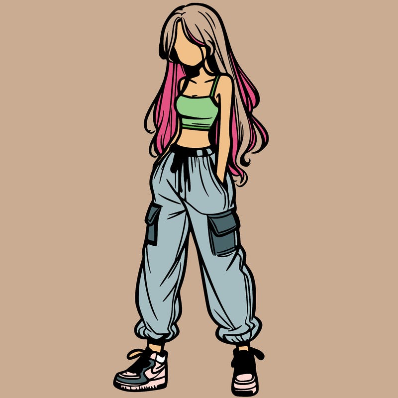 girl in baggy pants crop top and long hair