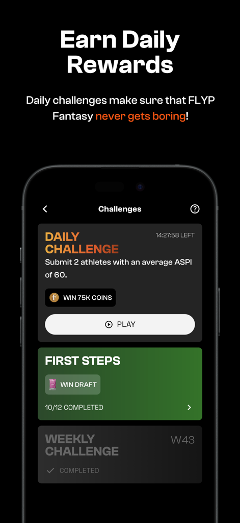 FLYP Fantasyモバイルアプリの画面。アクションスポーツマネージャーが報酬を獲得できる、毎日および毎週のチャレンジが表示されている