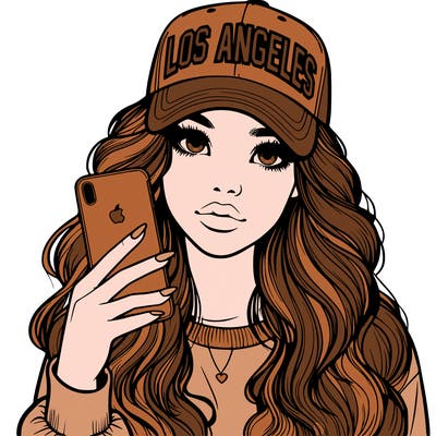 realistic beautiful girl wearing los ángeles cap holding an iphone
