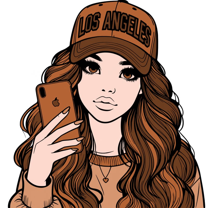 realistic beautiful girl wearing los ángeles cap holding an iphone