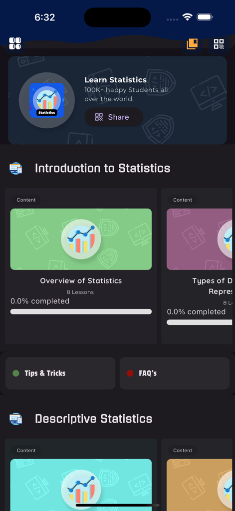 Learn Statistics [PRO] - Interfaz de la aplicación Learn Statistics PRO mostrando lecciones y categorías de Introducción a la Estadística