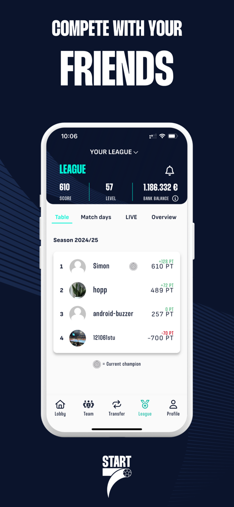 Interface of the START7 handball manager app showing a league table with scores and rankings