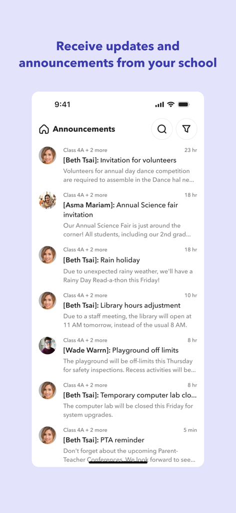 Toddle Student - The announcements feed in the Toddle Student app showing school updates and invitations