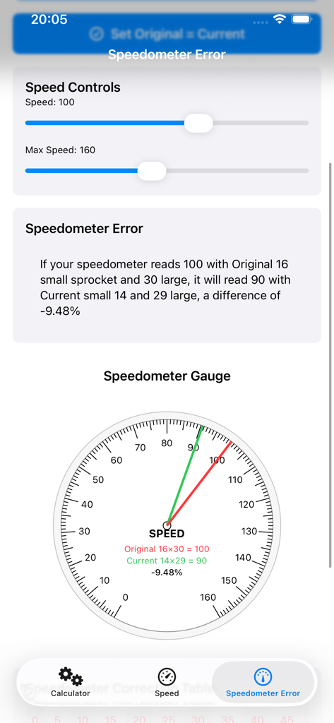 Chain & Sprocket Calculator - Speedometer error screen in a mechanical calculator app showing speed adjustment sliders and a visual gauge