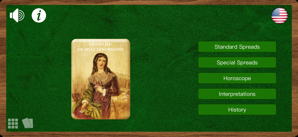 Menú principal de la aplicación móvil Lenormand Tarot mostrando tiradas y opciones de horóscopo sobre un fondo de fieltro verde.