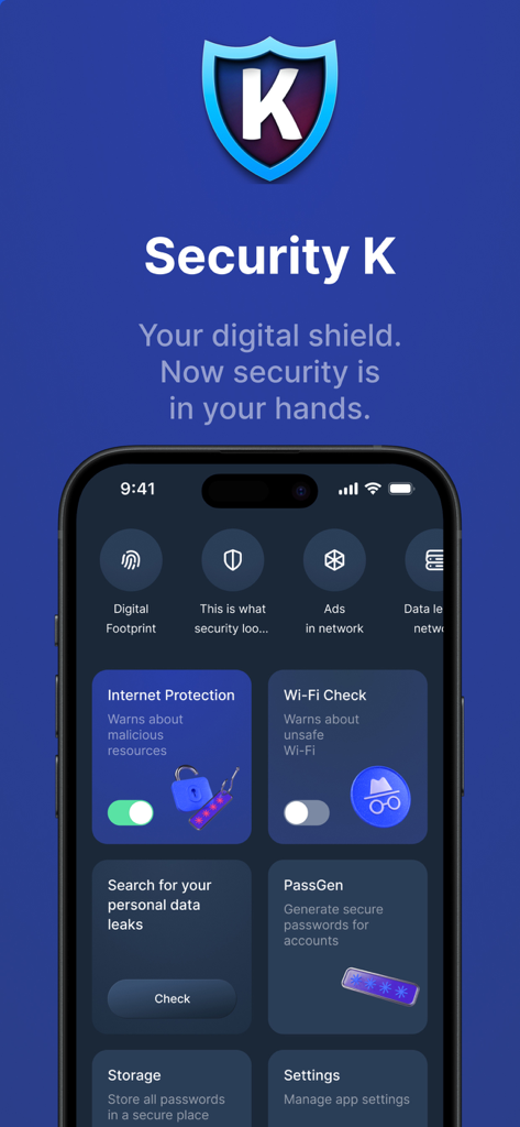 Interfaz de la aplicación móvil Security K que muestra protección de internet y funciones de verificación de wifi