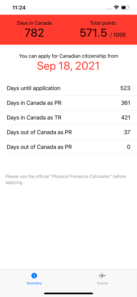 Days in Canada - Summary of residency days and citizenship application eligibility date in the Days in Canada app