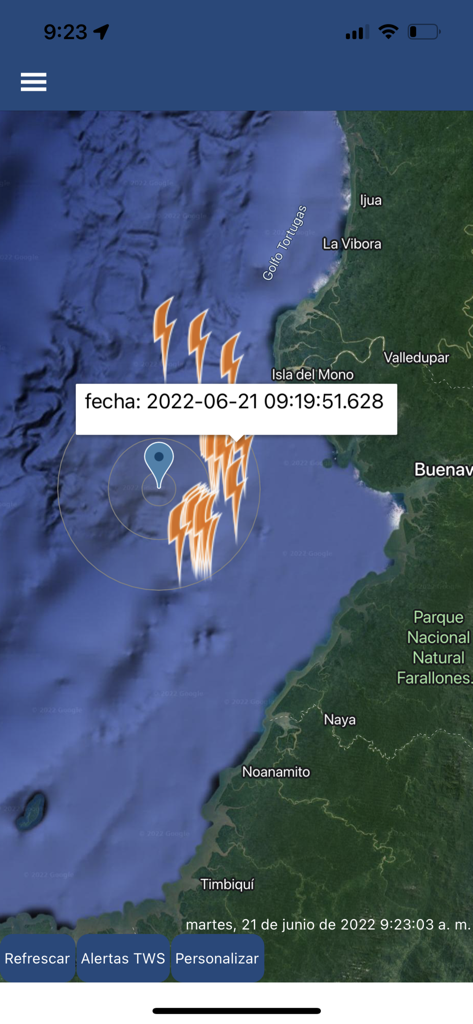 Keraunos Life Preserver - Interactive map showing real-time lightning strikes and safe distance monitoring