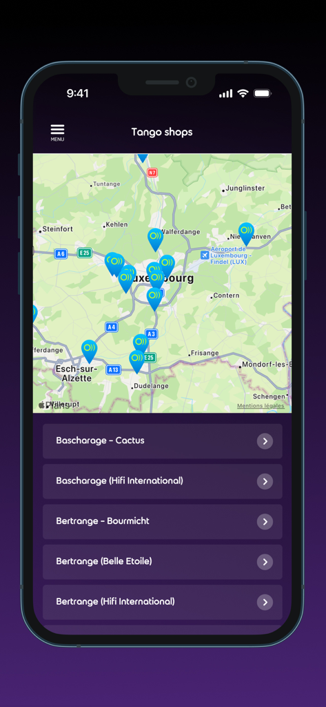 My Proximus NXT - Mobile app screen showing a map of Luxembourg with store locations and a list of shops for My Proximus NXT