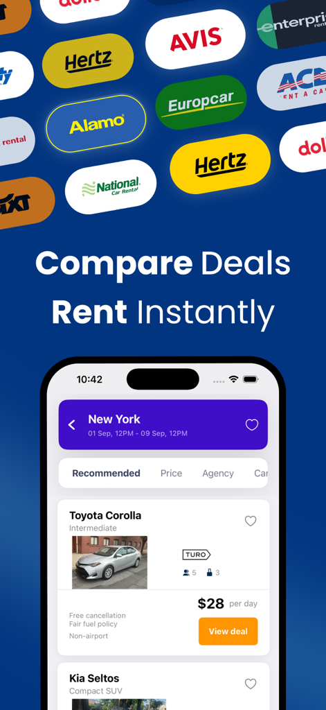 Cheap Car Rental・Cars Hire App - Mobile app interface showing car rental deals in New York with major brand logos like Hertz and Avis.