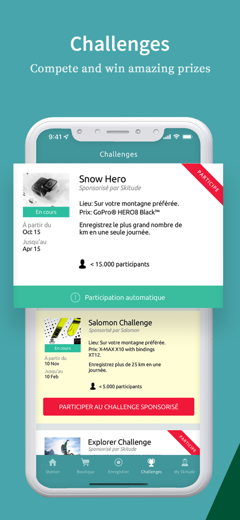 The challenges screen of the Chamrousse app showing various mountain activity competitions and prizes