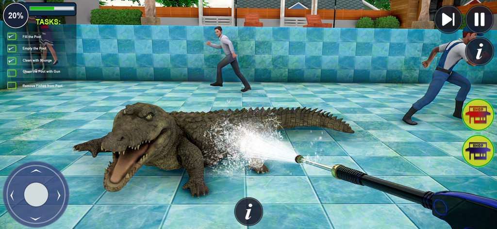 Swimming Pool Cleaning Games - Using a pressure wash gun to clean a large crocodile inside an empty swimming pool in a cleaning simulation game
