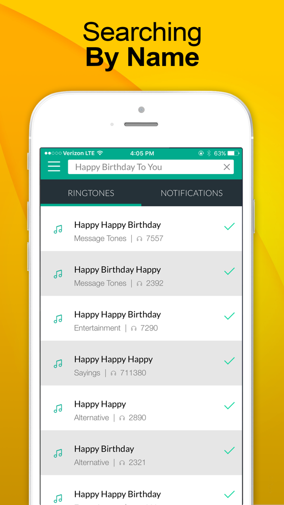 Interfaccia dell'app per la creazione di suonerie che mostra i risultati della ricerca per i suoni di Buon Compleanno