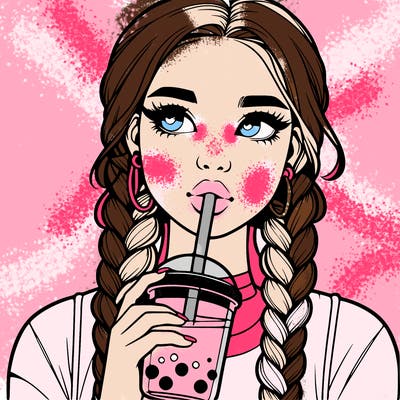 realistic girl with braided hair drinking boba