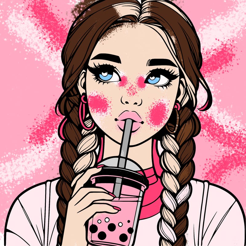 realistic girl with braided hair drinking boba