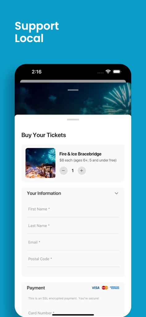 A mobile app screen for purchasing tickets to the Fire and Ice Bracebridge festival with secure payment options.