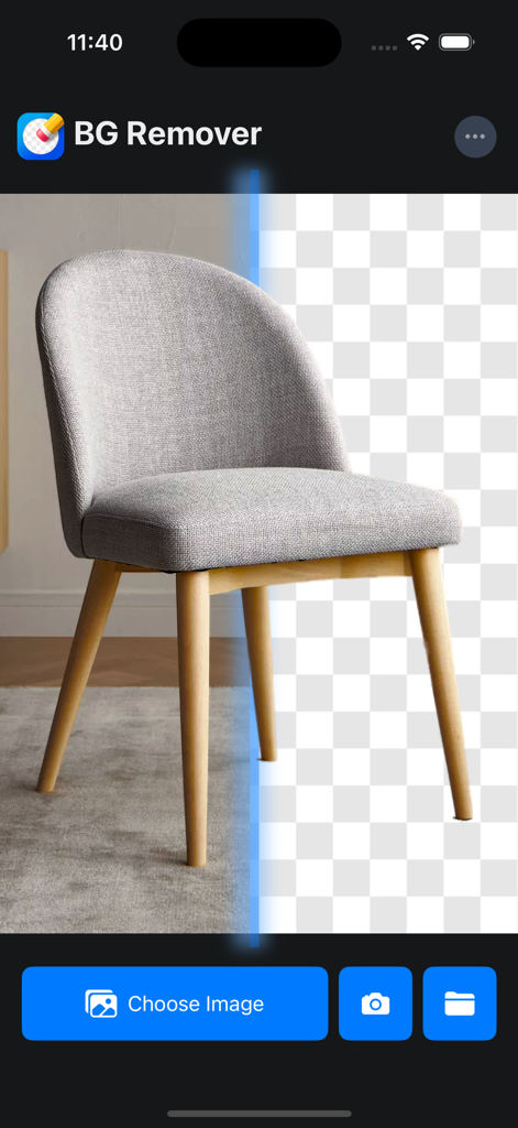背景透過AIアプリの画面に、椅子の写真の背景が透過されている様子を表示