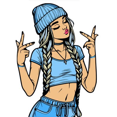 realistic teenage girl with braids and a beanie and crop top doing 🫶🏼