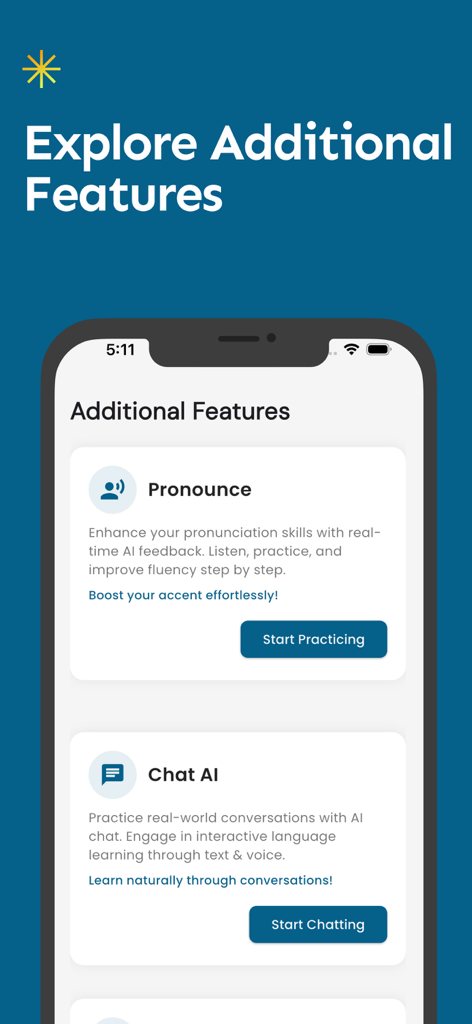 English to Soomaali Translator - Additional features screen of the English to Somali Translator app showing AI pronunciation and chat