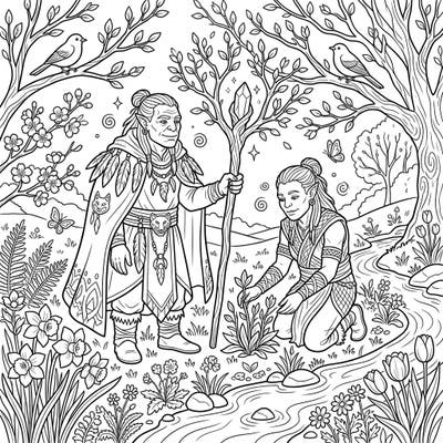 Step into a fantastical spring landscape where wise Orc Shamans nurture new life and ancient magic. This intricate coloring page invites you to bring vibrant hues to a scene of renewal and natural harmony.