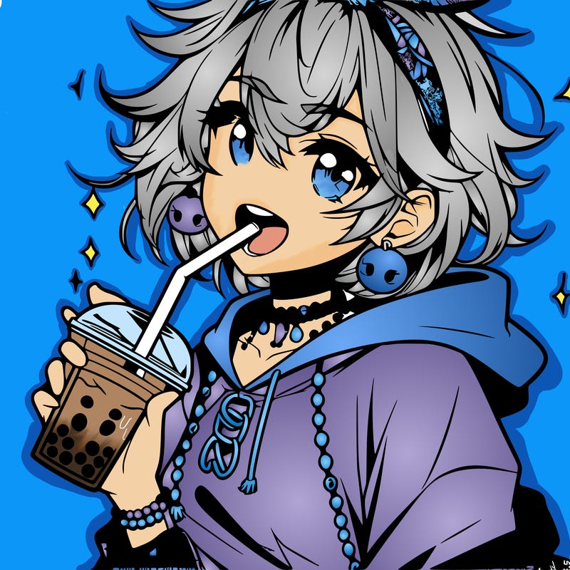 hot baddie anime girl drinking boba and biting the straw