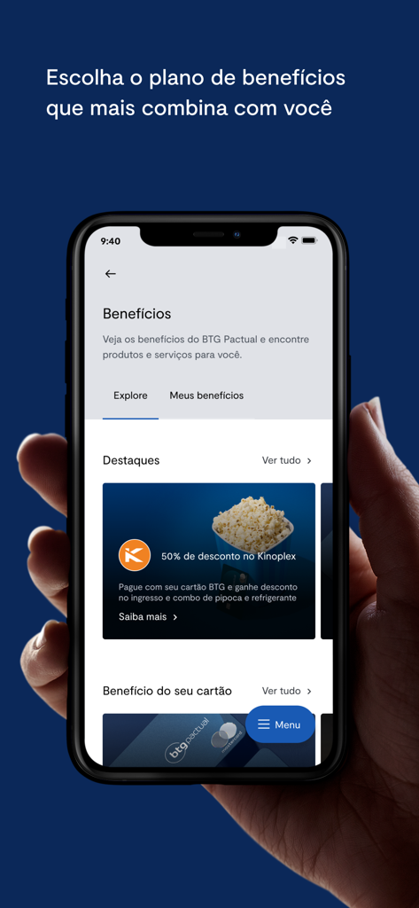 BTG Pactual Banking - Benutzeroberfläche der BTG Pactual Banking App, die Lifestyle-Vorteile und Karten-Vergünstigungen anzeigt