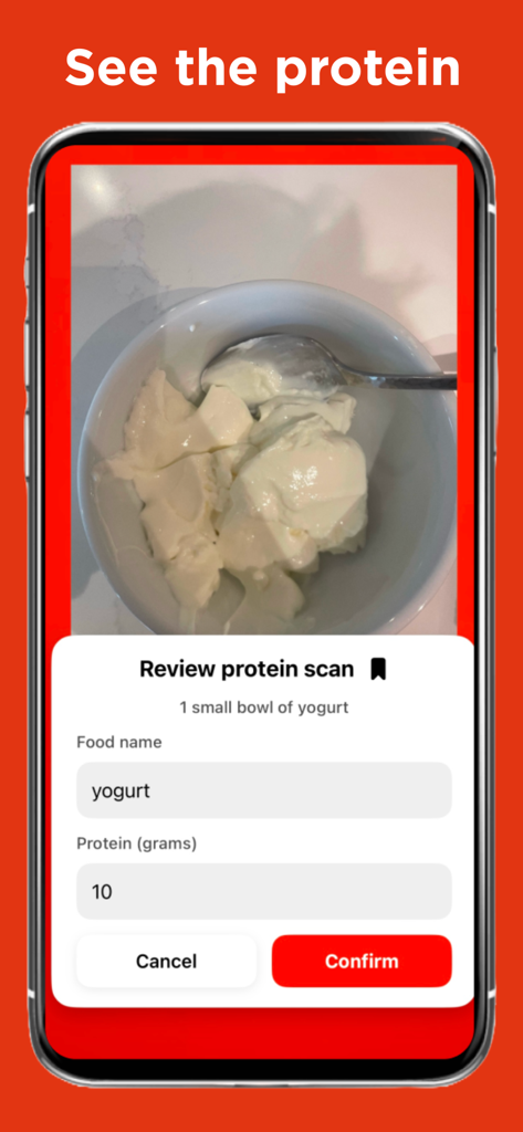 Proof - Protein Tracker - Proof app interface showing a protein scan review for a bowl of yogurt with ten grams of protein