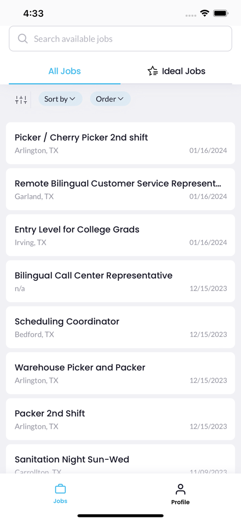 HJG Staffing - The HJG Staffing app interface showing a list of available jobs including warehouse picker and customer service roles in the Dallas Fort Worth area