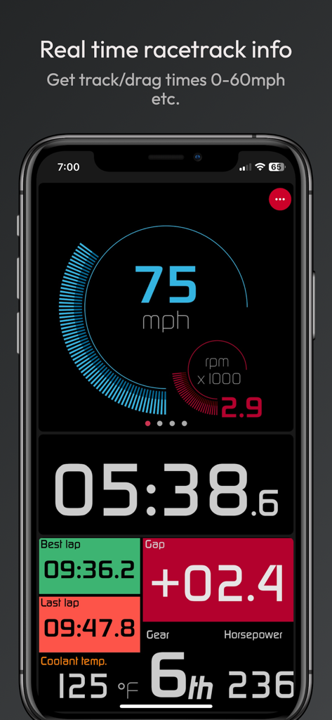 Interfaz de la aplicación OBD Connect que muestra rendimiento en tiempo real en pista de carreras e indicadores digitales.