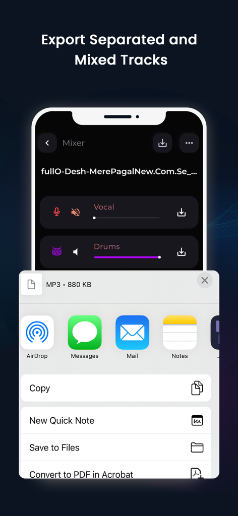 Interface showing how to export and share separated music tracks in the unMix app.