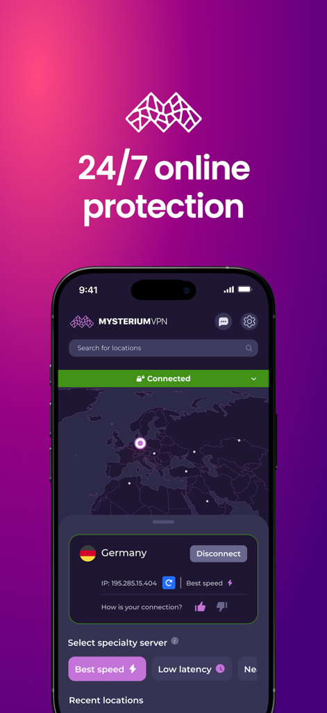 Interfaz de la aplicación Mysterium VPN mostrando una conexión segura a un servidor en Alemania con un mapa y detalles de IP residencial