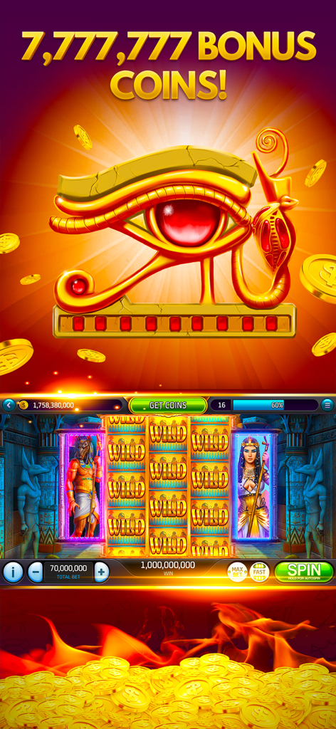 Max Win Casino Slots Game - Max Win Casino Slots Game Egyptian theme screen showing Eye of Horus and bonus coins