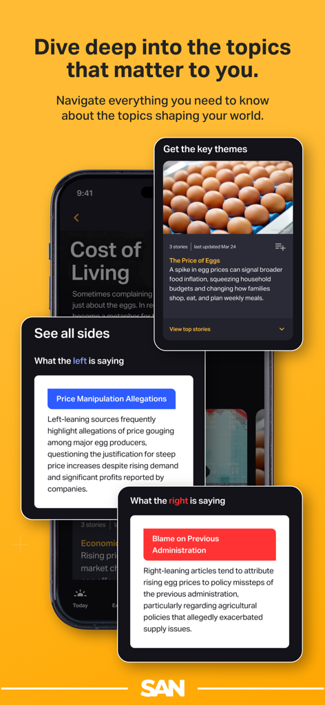 Interface do aplicativo Straight Arrow News exibindo perspectivas balanceadas de mídia de esquerda e direita sobre tópicos atuais