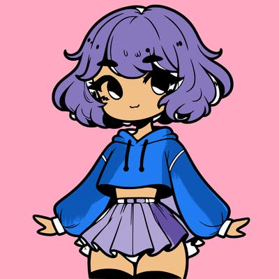 cute femboy with short, fluffy hair that softly frames their face, wearing a cropped hoodie, paired with a flouncy short skirt, and thigh-high stockings