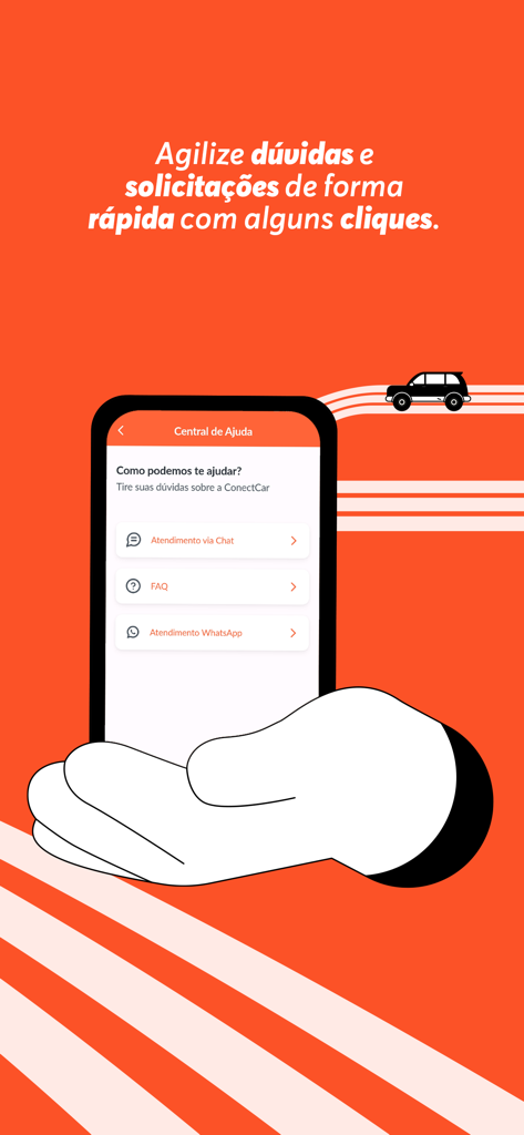 ConectCar app customer support screen displaying help center options for chat, FAQ, and WhatsApp.