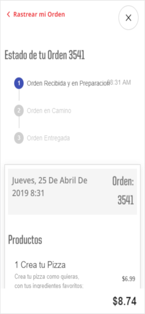 Order status screen in Pizza Hut El Salvador app showing real-time tracking from preparation to delivery