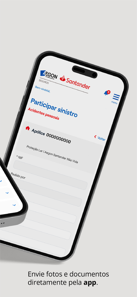 MyAegonSantander mobile app interface for reporting an insurance claim and uploading documents